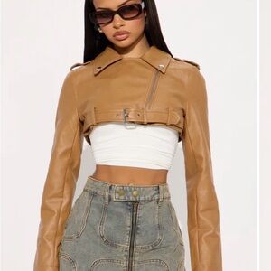 Fashion Nova Camel Leather Cropped Jacket